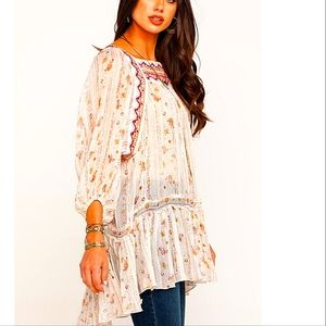 Free People Boho Dance Magic floral Tunic Top floral lurex white pink Large